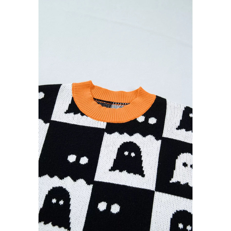 Halloween Ghost Pattern Checkerboard Sweater Apparel and Accessories