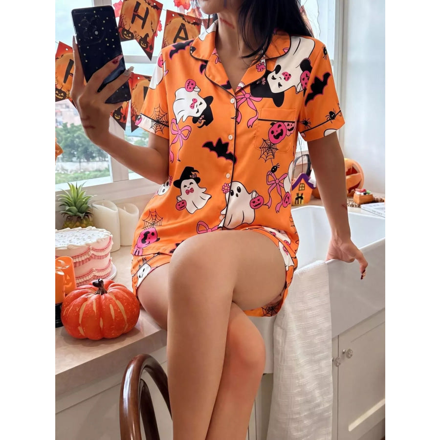 Halloween Ghost Print Button-Down Top and Shorts Lounge Set Apparel and Accessories
