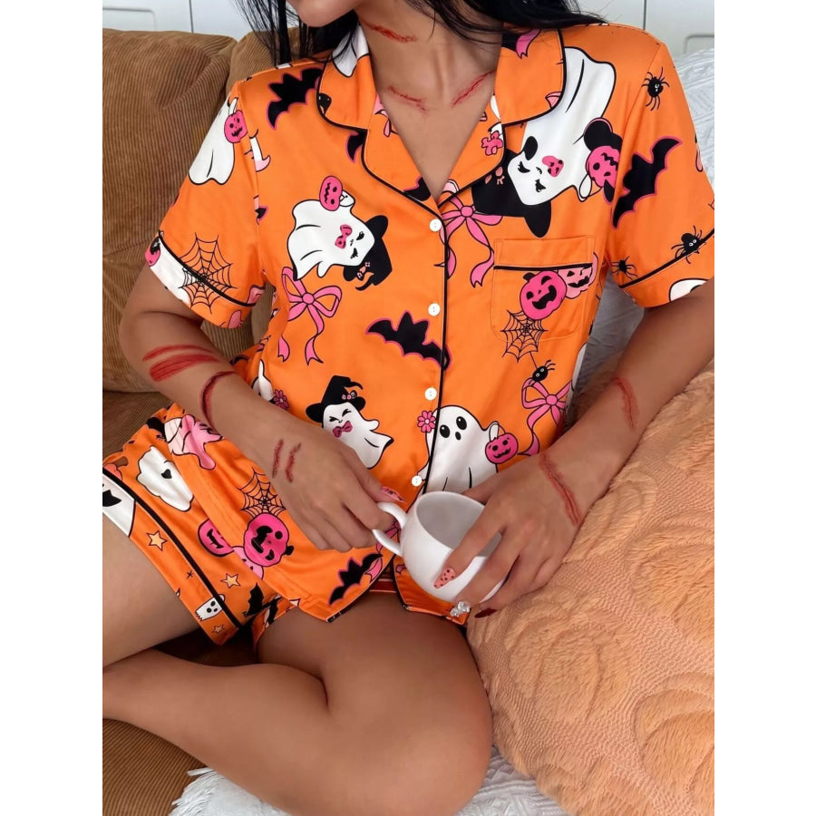 Halloween Ghost Print Button-Down Top and Shorts Lounge Set Apparel and Accessories