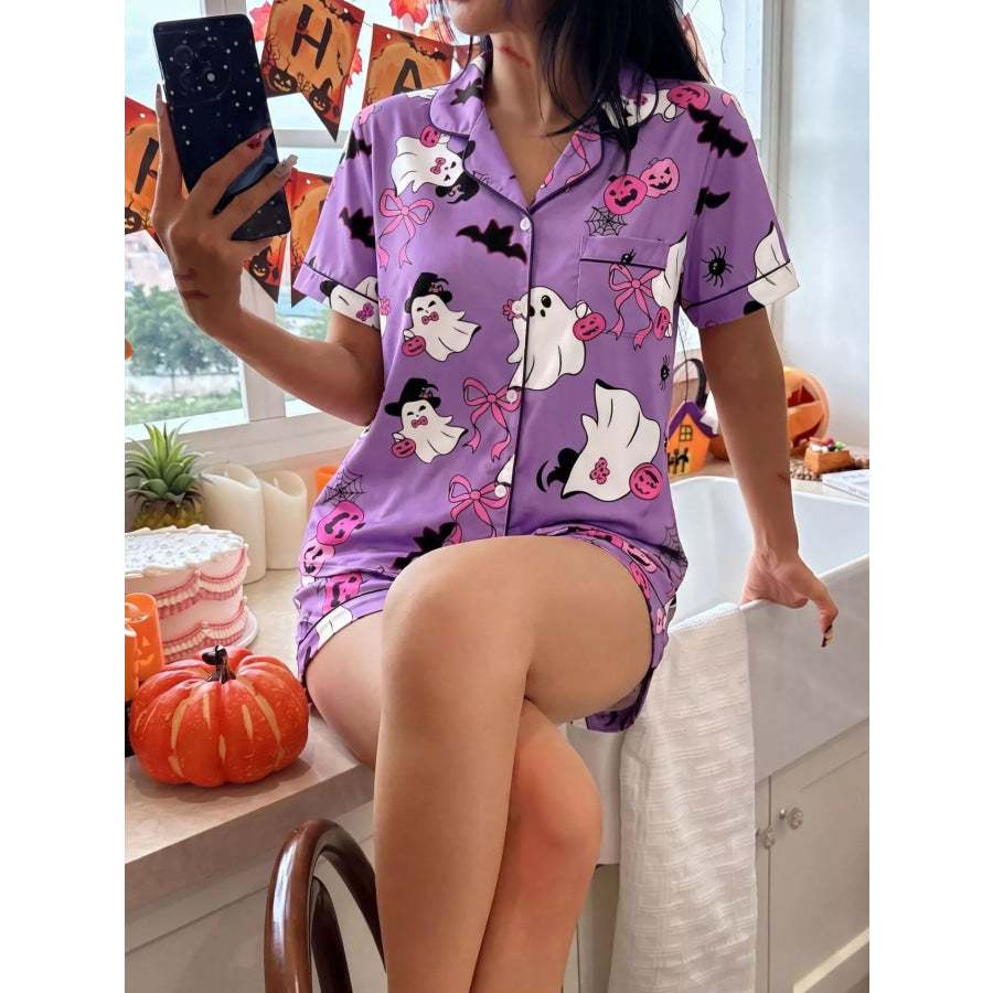 Halloween Ghost Print Button-Down Top and Shorts Lounge Set Apparel and Accessories