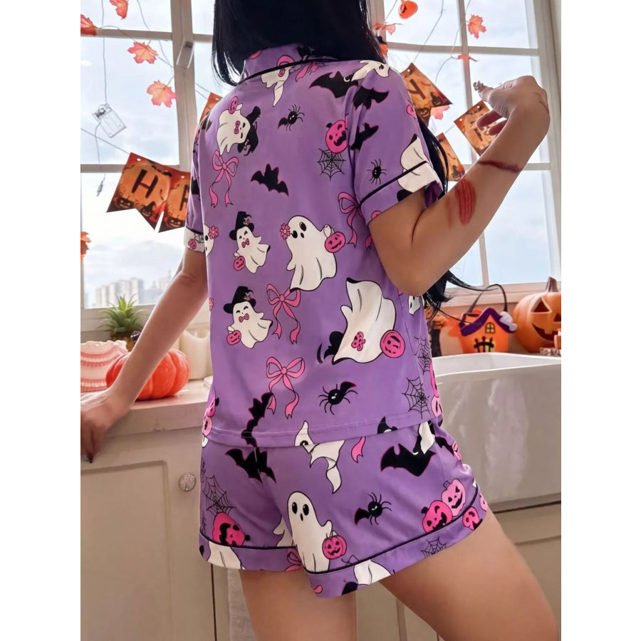 Halloween Ghost Print Button-Down Top and Shorts Lounge Set Apparel and Accessories