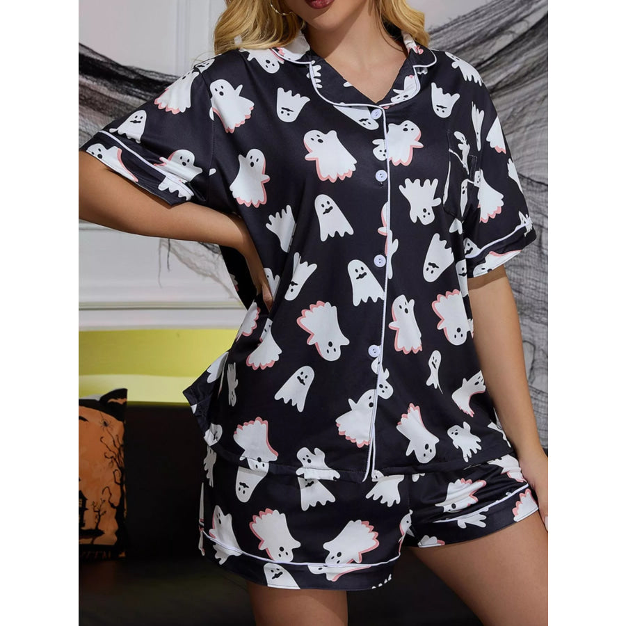 Halloween Ghost Print Button-Down Top and Shorts Lounge Set Black / S Apparel Accessories