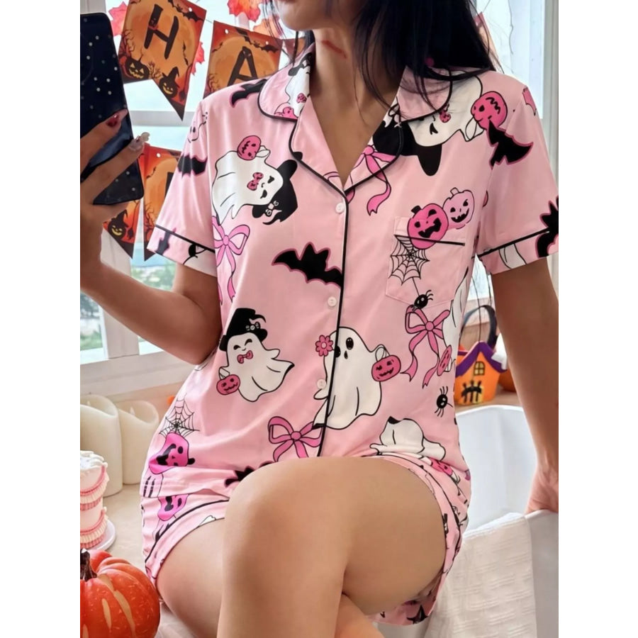 Halloween Ghost Print Button-Down Top and Shorts Lounge Set Apparel and Accessories