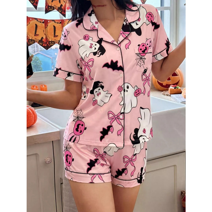 Halloween Ghost Print Button-Down Top and Shorts Lounge Set Pink / S Apparel and Accessories