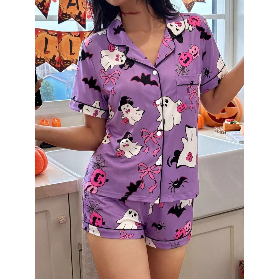 Halloween Ghost Print Button-Down Top and Shorts Lounge Set Purple / S Apparel and Accessories