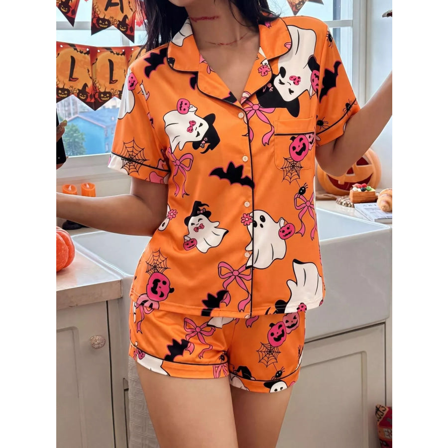 Halloween Ghost Print Button-Down Top and Shorts Lounge Set Yellow / S Apparel and Accessories