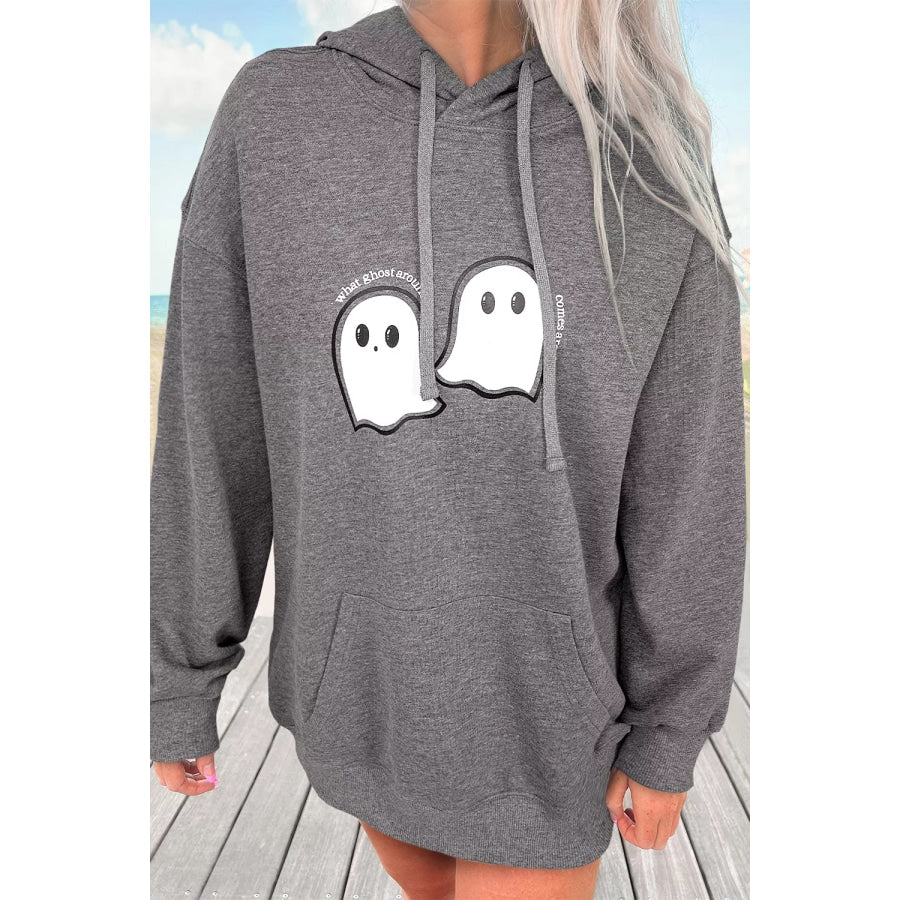 Halloween Ghost Print Mineral Wash Oversize Hoodie Dark Gray / S Apparel and Accessories