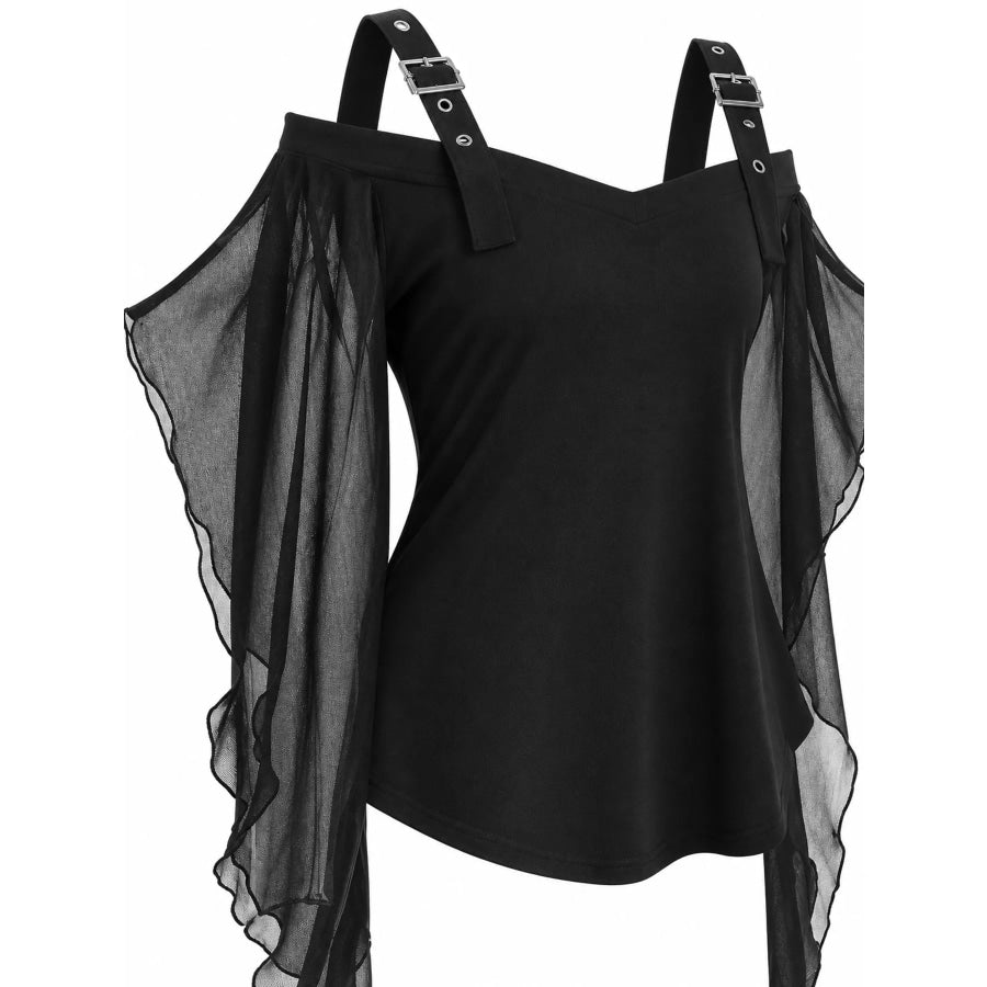 Halloween Gothic Buckle Strap Mesh Sleeve Top Apparel and Accessories