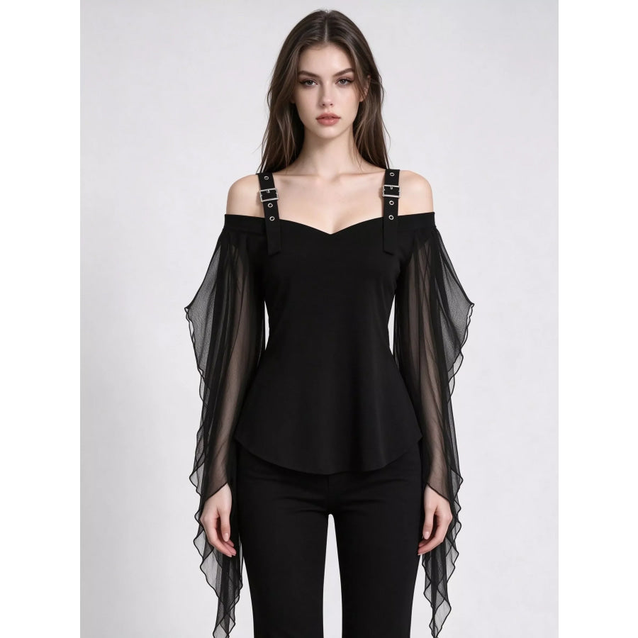 Halloween Gothic Buckle Strap Mesh Sleeve Top Black / S Apparel and Accessories