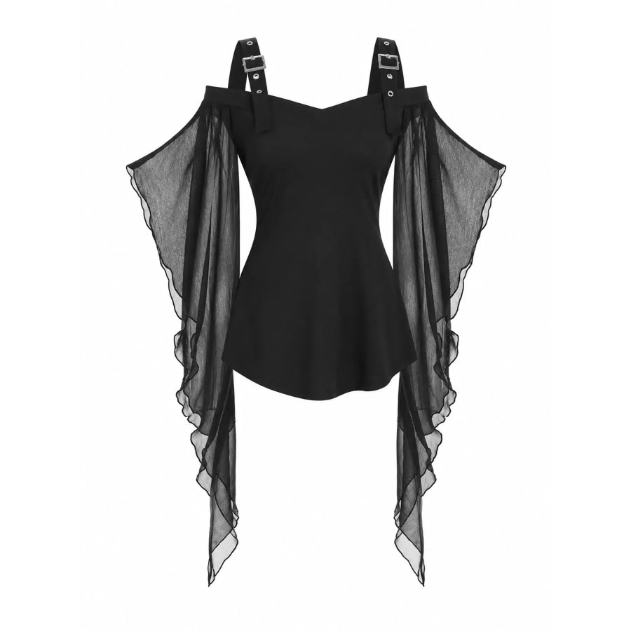 Halloween Gothic Buckle Strap Mesh Sleeve Top Apparel and Accessories