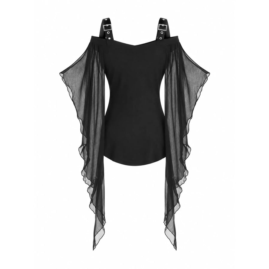Halloween Gothic Buckle Strap Mesh Sleeve Top Apparel and Accessories