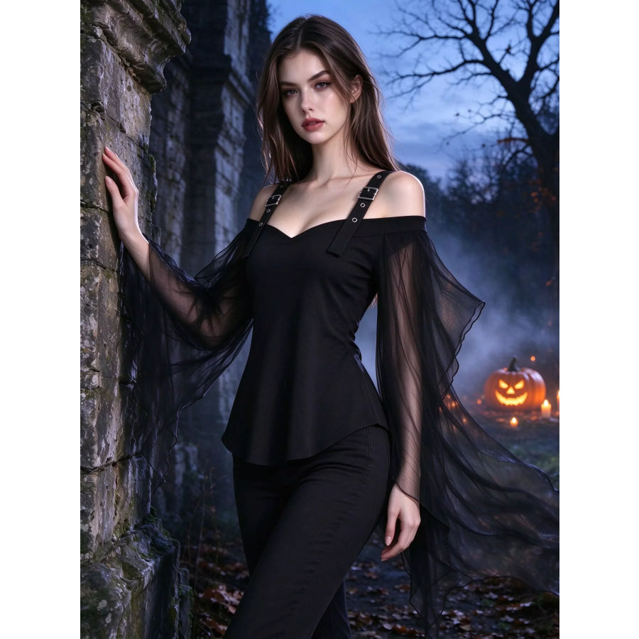Halloween Gothic Buckle Strap Mesh Sleeve Top Black / S Apparel and Accessories
