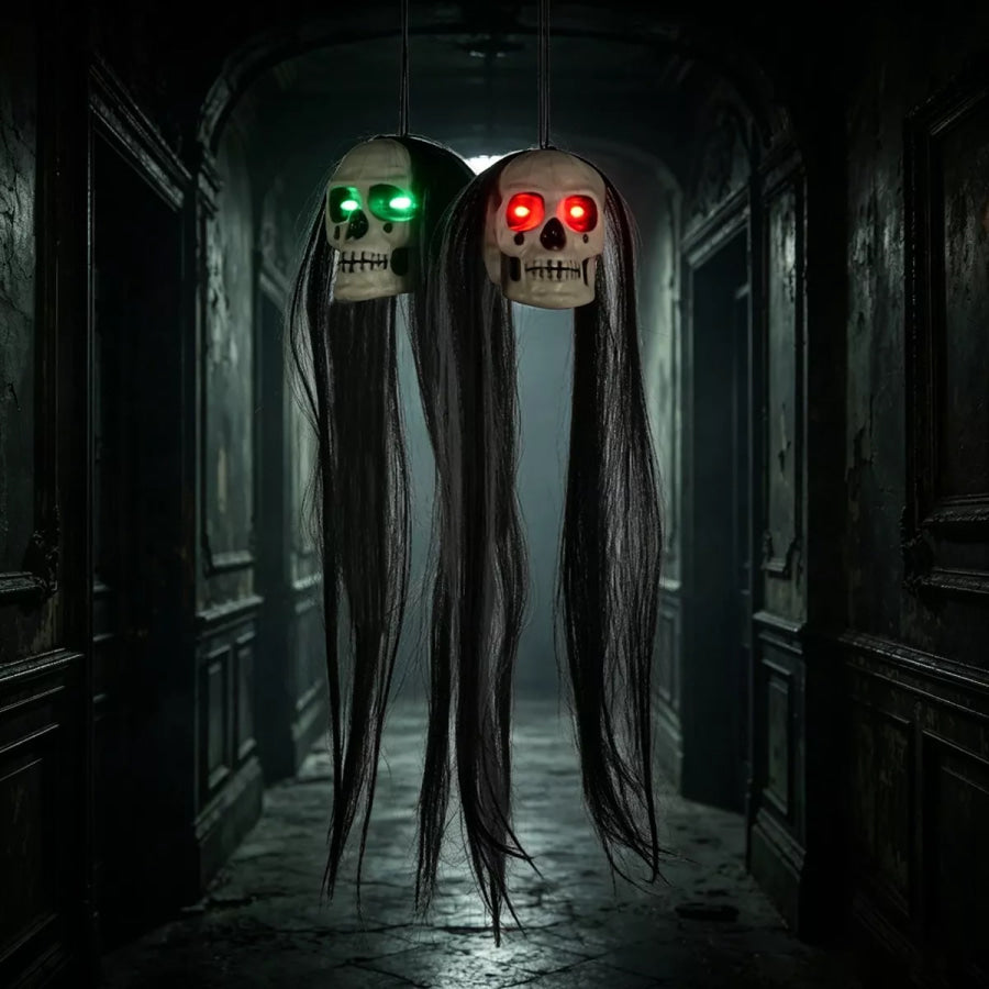 Halloween Hanging Dual-Skull with Glowing Eyes and Long Hair White / One Size Apparel and Accessories
