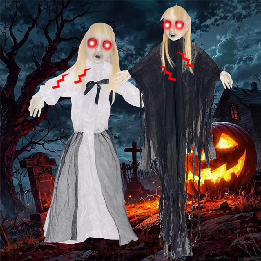 Halloween Hanging Ghost with Glowing Eyes White/Black / One Size Apparel and Accessories