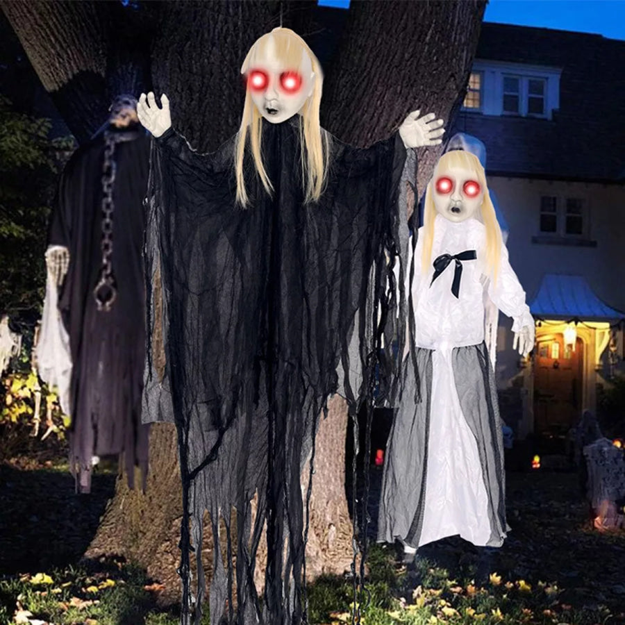 Halloween Hanging Ghost with Glowing Eyes White/Black / One Size Apparel and Accessories
