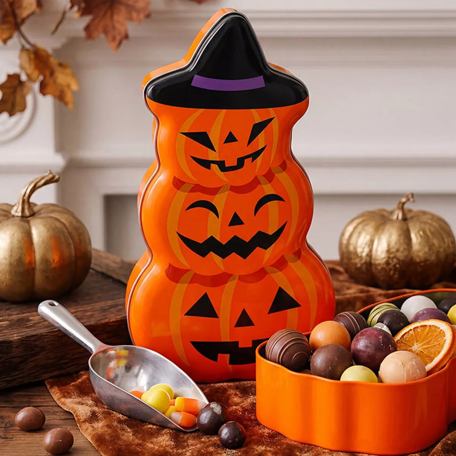 Halloween Jack-O’-Lantern Tin Storage Box Orange / One Size Apparel and Accessories