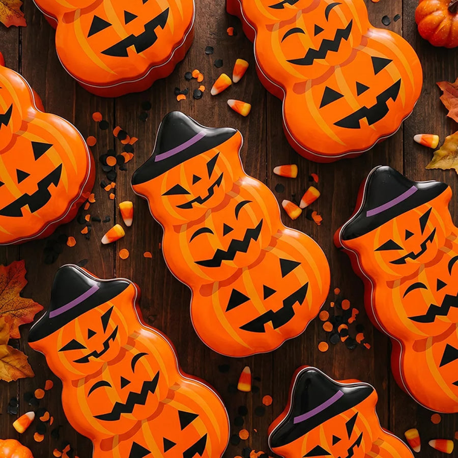 Halloween Jack-O’-Lantern Tin Storage Box Orange / One Size Apparel and Accessories