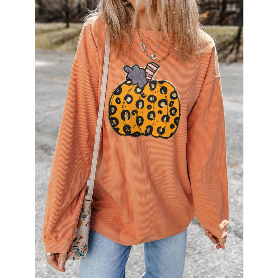 Halloween Leopard Pumpkin Patchwork Ribbed Sweatshirt Apparel and Accessories