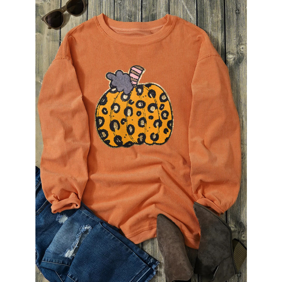 Halloween Leopard Pumpkin Patchwork Ribbed Sweatshirt Apparel and Accessories