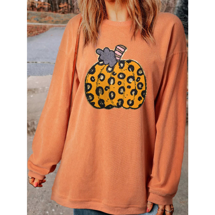 Halloween Leopard Pumpkin Patchwork Ribbed Sweatshirt Apparel and Accessories