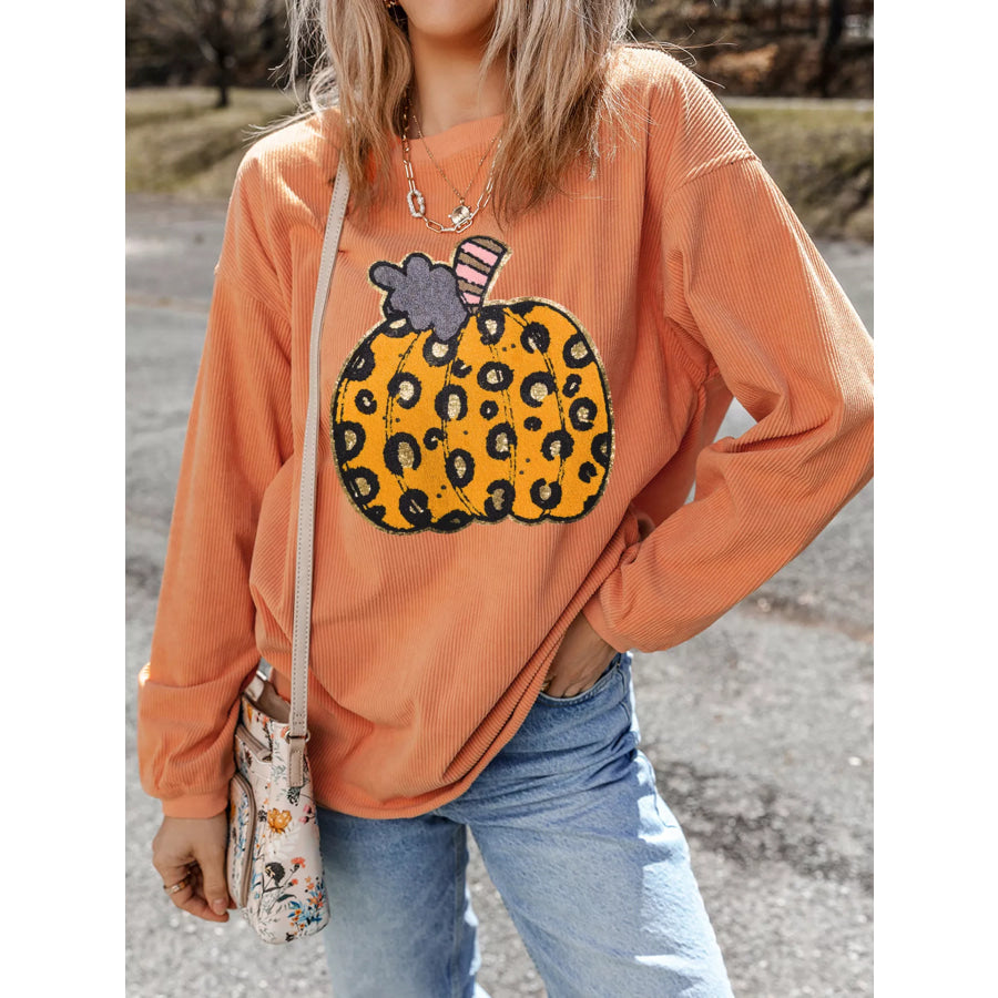 Halloween Leopard Pumpkin Patchwork Ribbed Sweatshirt Sherbet / S Apparel and Accessories