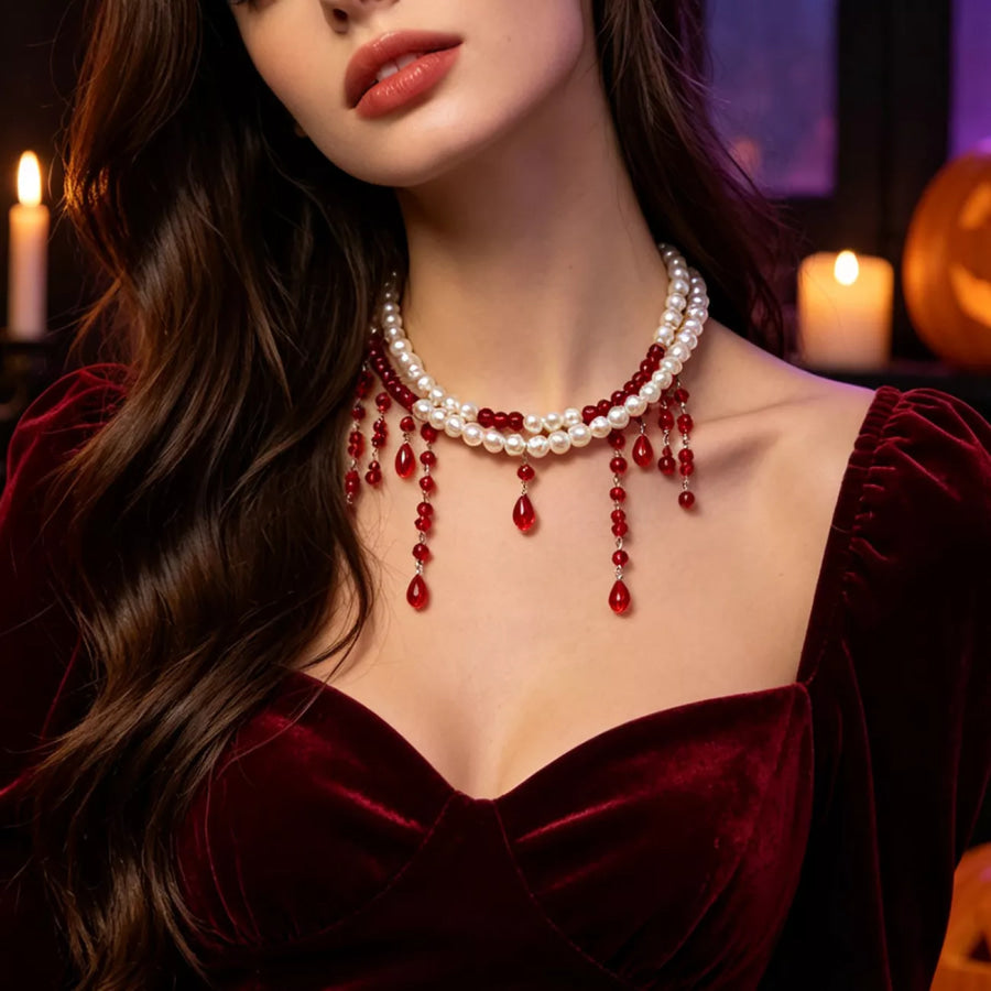 Halloween Pearl Double Layered Choker Necklace Burgundy / One Size Apparel and Accessories