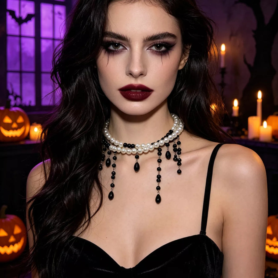 Halloween Pearl Double Layered Choker Necklace Black / One Size Apparel and Accessories