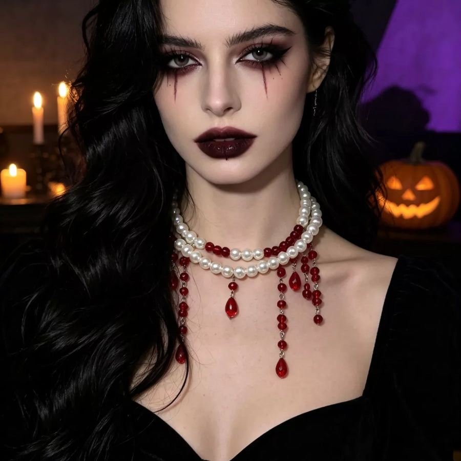 Halloween Pearl Double Layered Choker Necklace Burgundy / One Size Apparel and Accessories