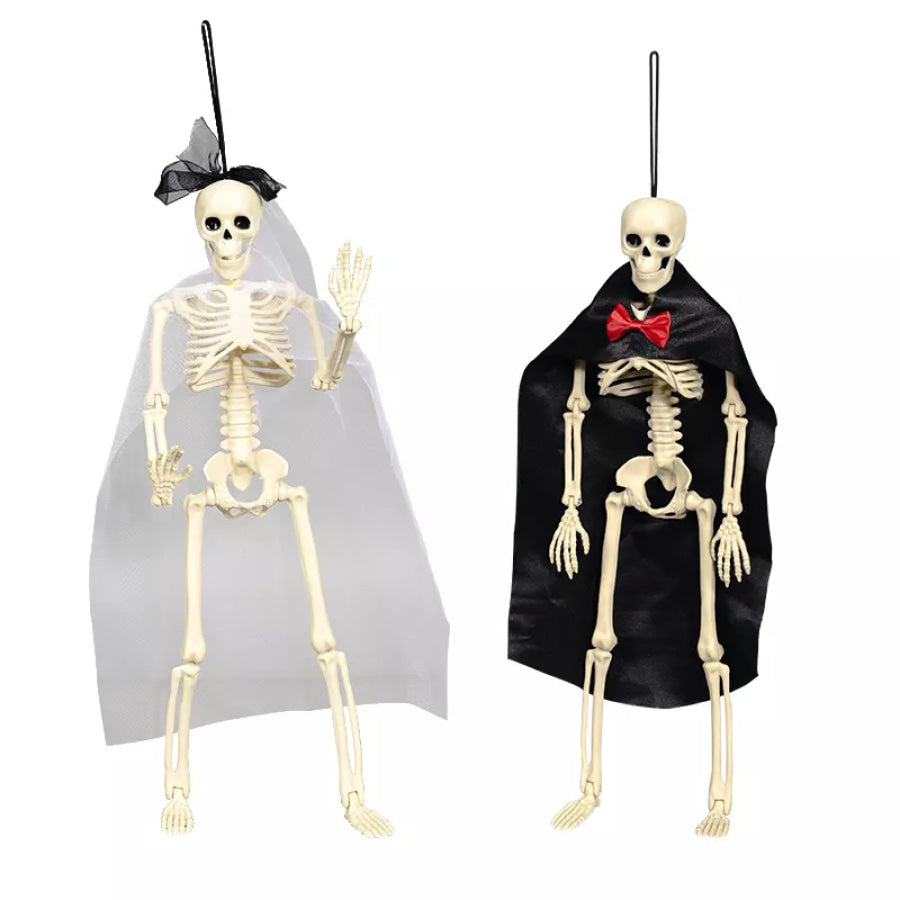 Halloween Posable Skeleton Couple with Wedding Veil and Cape White / One Size Apparel and Accessories