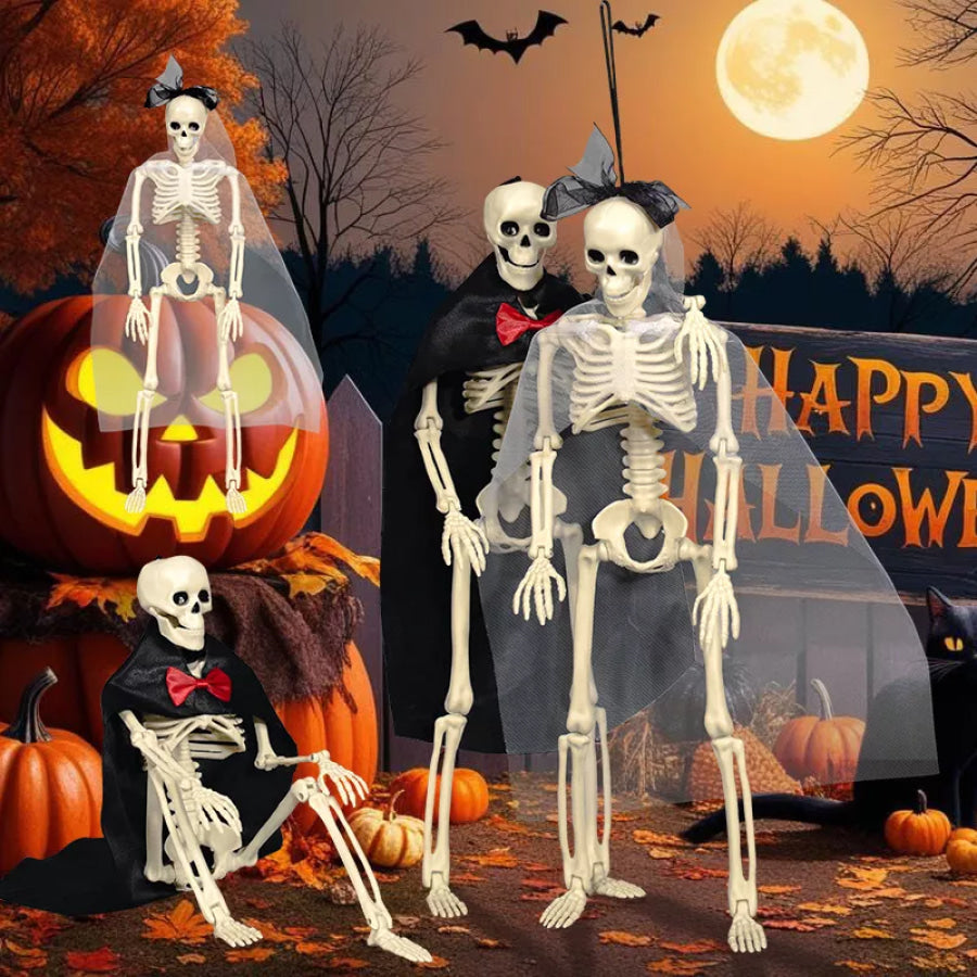Halloween Posable Skeleton Couple with Wedding Veil and Cape White / One Size Apparel and Accessories