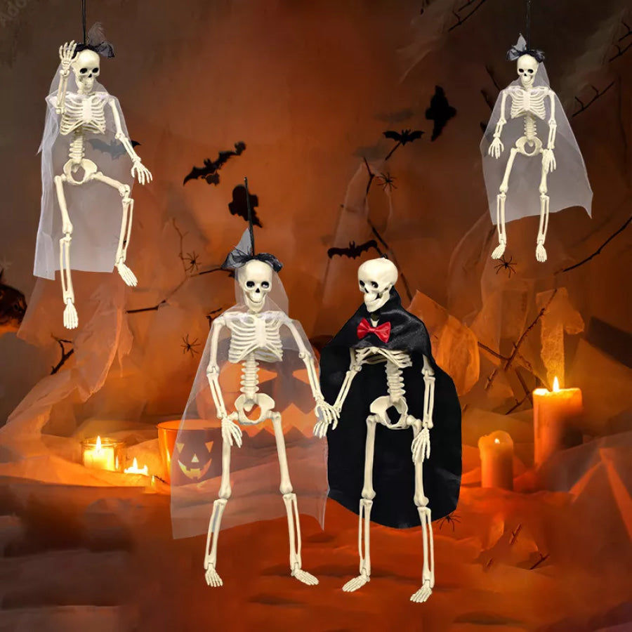 Halloween Posable Skeleton Couple with Wedding Veil and Cape White / One Size Apparel and Accessories