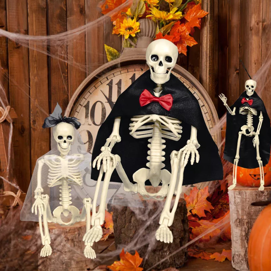Halloween Posable Skeleton Couple with Wedding Veil and Cape White / One Size Apparel and Accessories