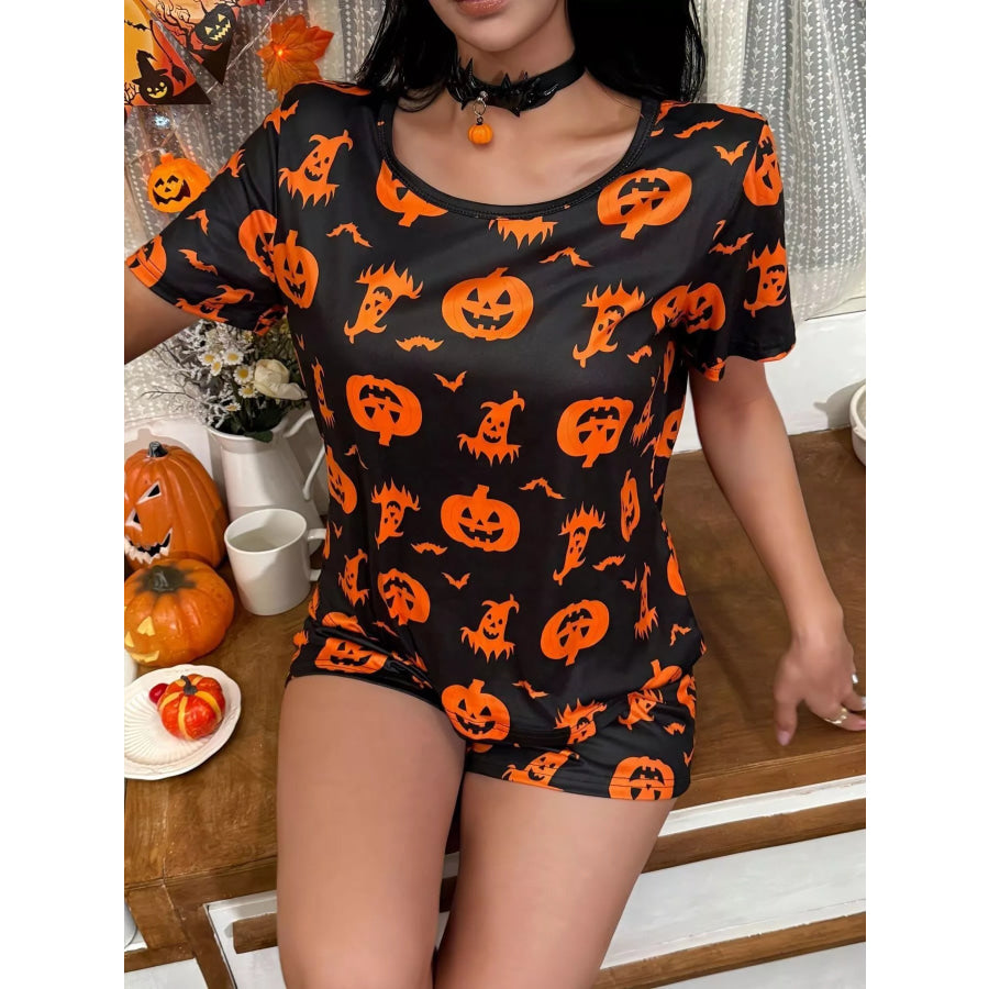 Halloween Print Short Sleeve Top and Shorts Lounge Set Apparel Accessories