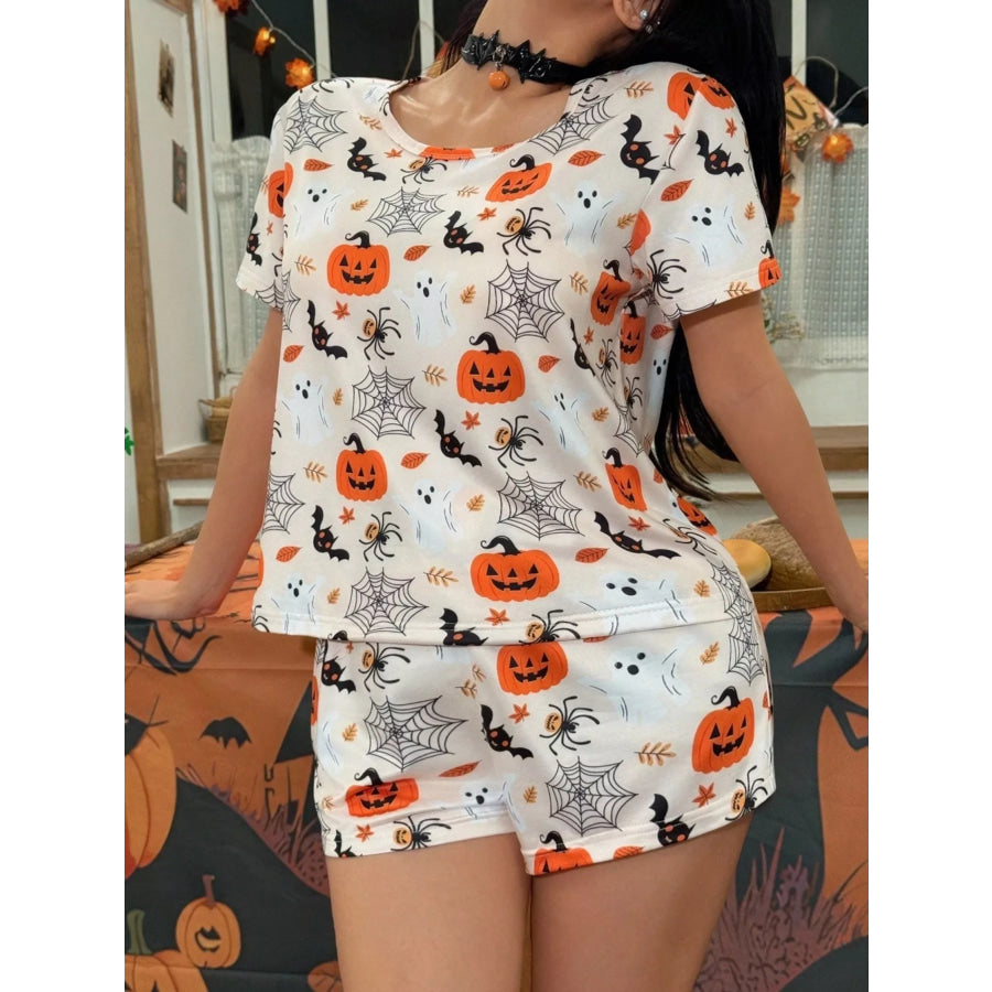 Halloween Print Short Sleeve Top and Shorts Lounge Set White / S Apparel Accessories