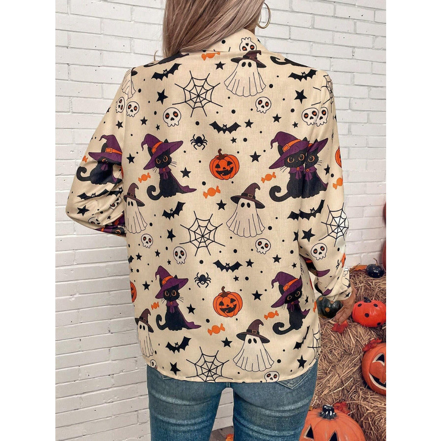 Halloween Printed Collared Neck Long Sleeve Shirt Apparel and Accessories