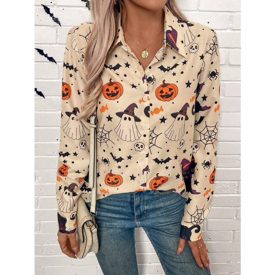 Halloween Printed Collared Neck Long Sleeve Shirt Apparel and Accessories