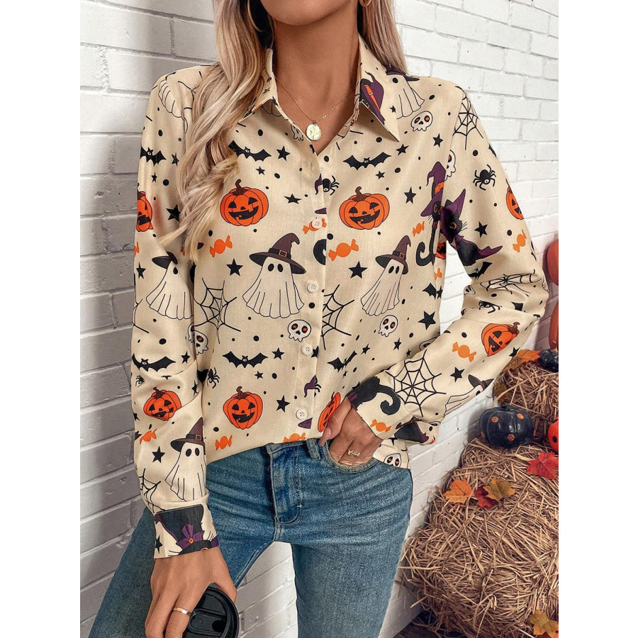 Halloween Printed Collared Neck Long Sleeve Shirt Tan / S Apparel and Accessories