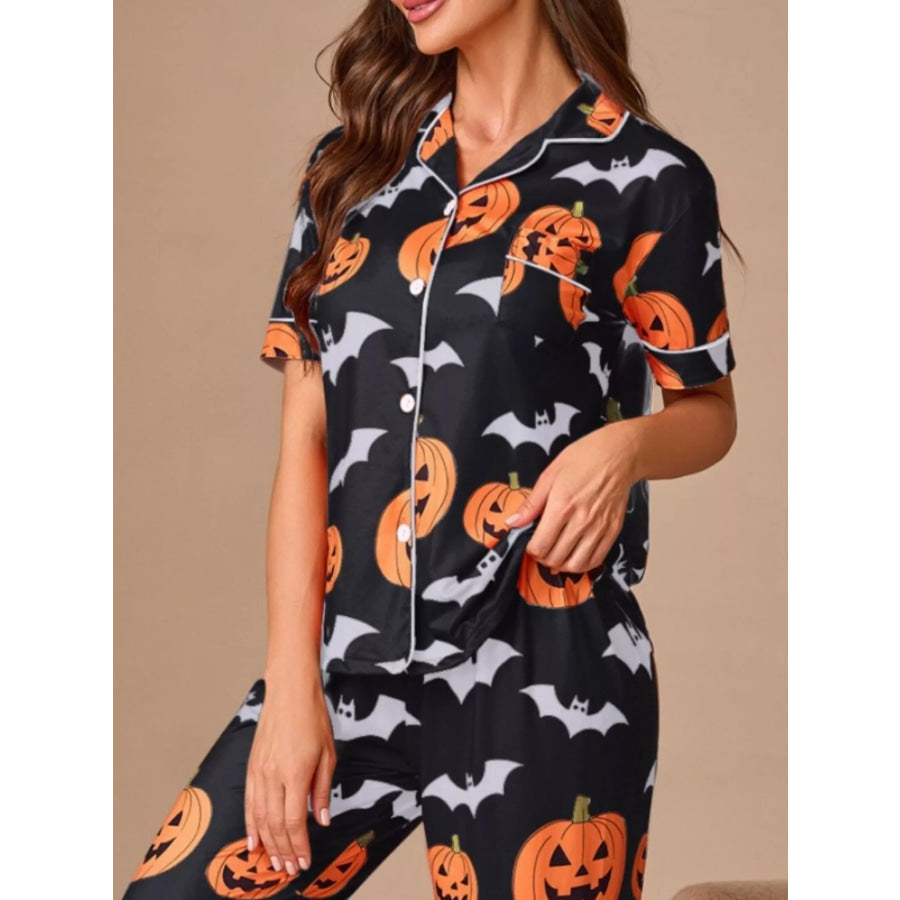 Halloween Pumpkin and Bat Print Button-Down Top and Pants Lounge Set Apparel and Accessories