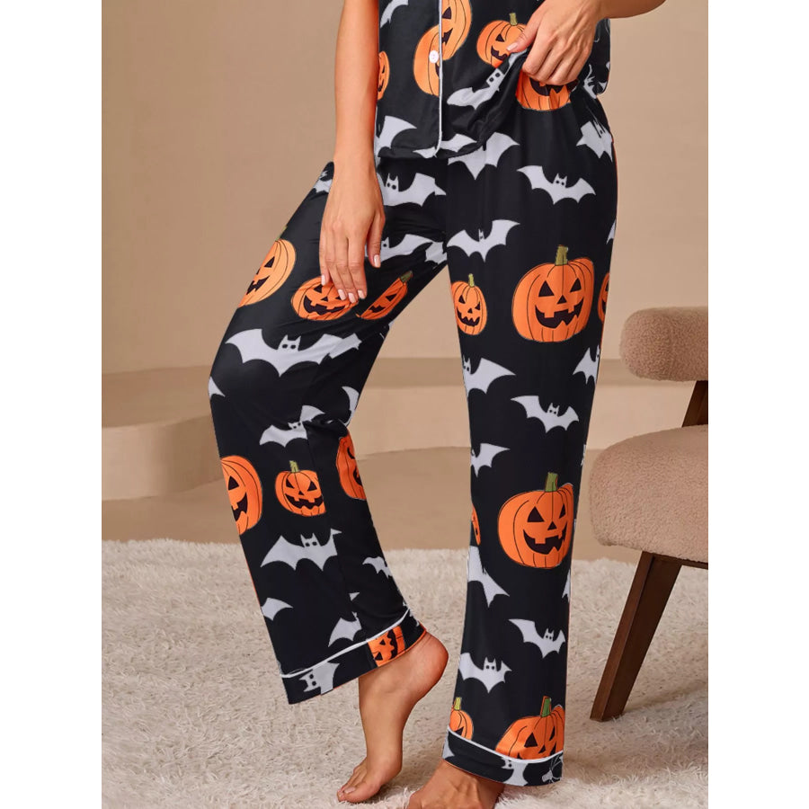 Halloween Pumpkin and Bat Print Button-Down Top and Pants Lounge Set Apparel and Accessories