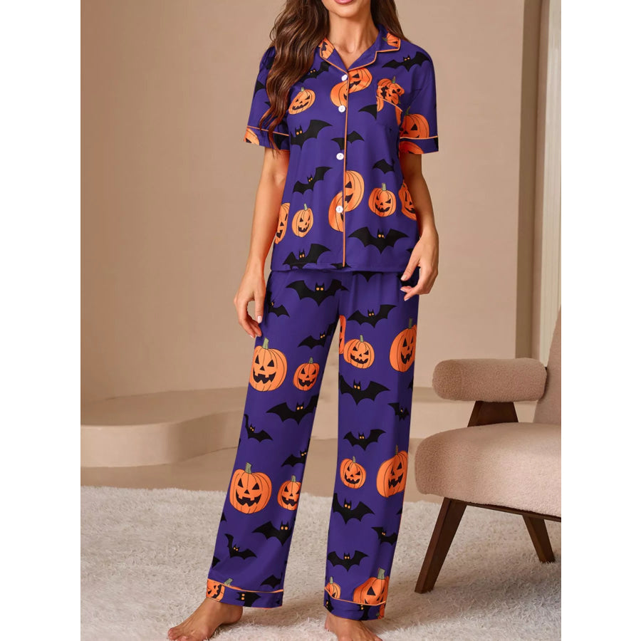 Halloween Pumpkin and Bat Print Button-Down Top and Pants Lounge Set Apparel and Accessories