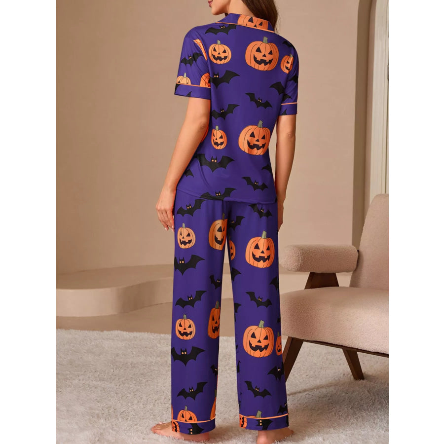 Halloween Pumpkin and Bat Print Button-Down Top and Pants Lounge Set Apparel and Accessories