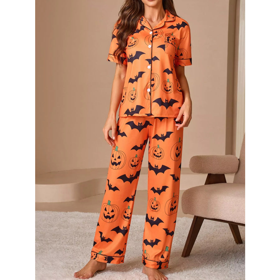 Halloween Pumpkin and Bat Print Button-Down Top and Pants Lounge Set Apparel and Accessories