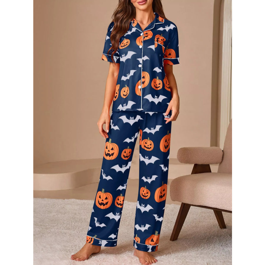 Halloween Pumpkin and Bat Print Button-Down Top and Pants Lounge Set Apparel and Accessories
