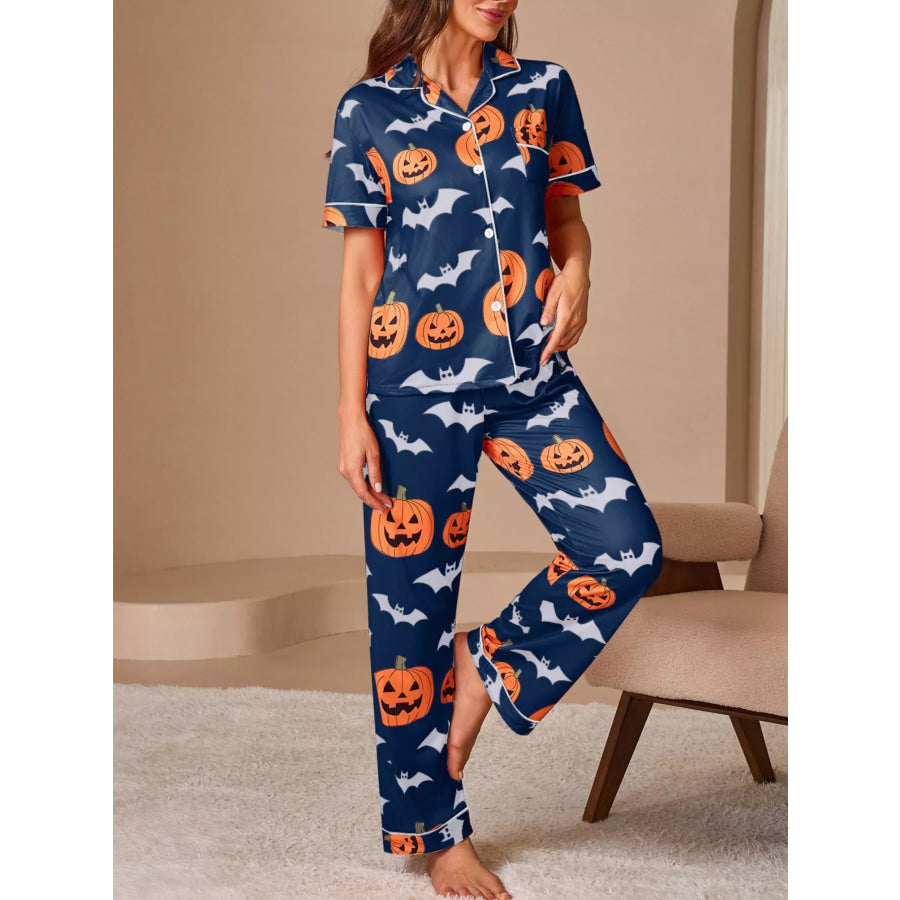 Halloween Pumpkin and Bat Print Button-Down Top and Pants Lounge Set Apparel and Accessories