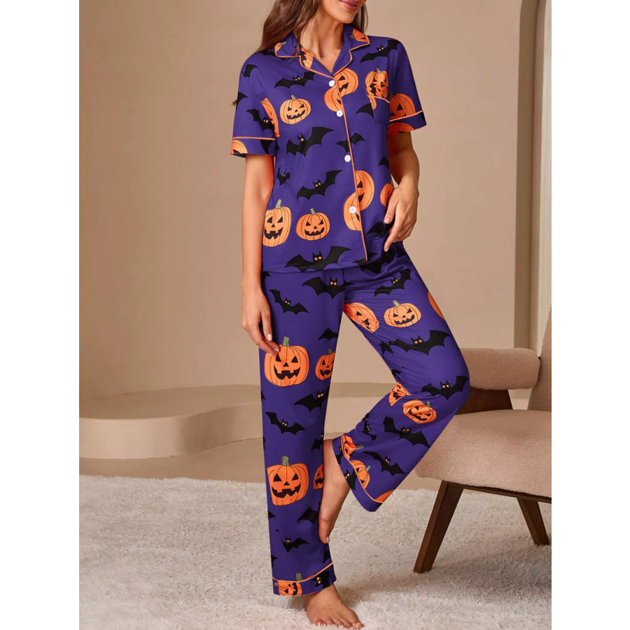Halloween Pumpkin and Bat Print Button-Down Top and Pants Lounge Set Apparel and Accessories