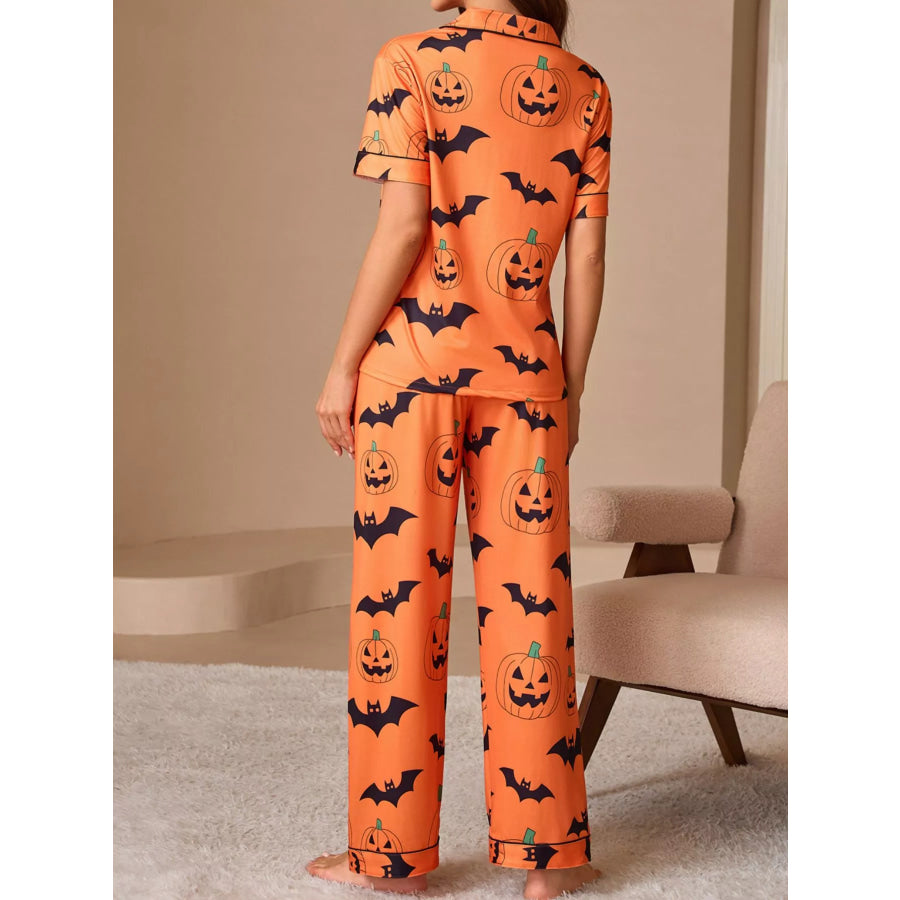 Halloween Pumpkin and Bat Print Button-Down Top and Pants Lounge Set Apparel and Accessories