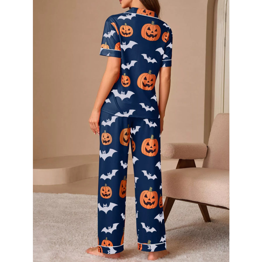 Halloween Pumpkin and Bat Print Button-Down Top and Pants Lounge Set Apparel and Accessories