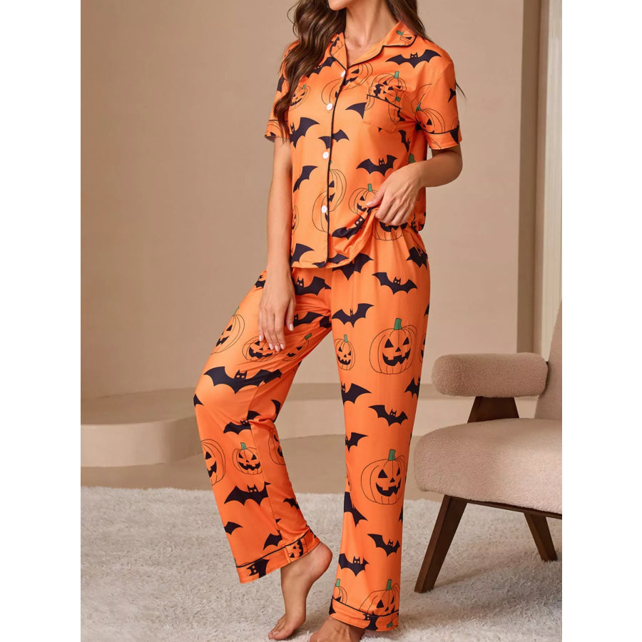 Halloween Pumpkin and Bat Print Button-Down Top and Pants Lounge Set Apparel and Accessories