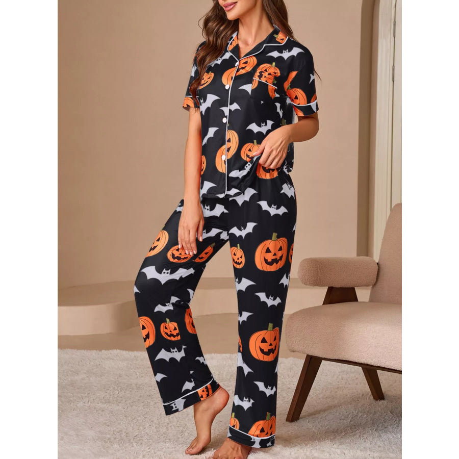 Halloween Pumpkin and Bat Print Button-Down Top and Pants Lounge Set Black / S Apparel and Accessories