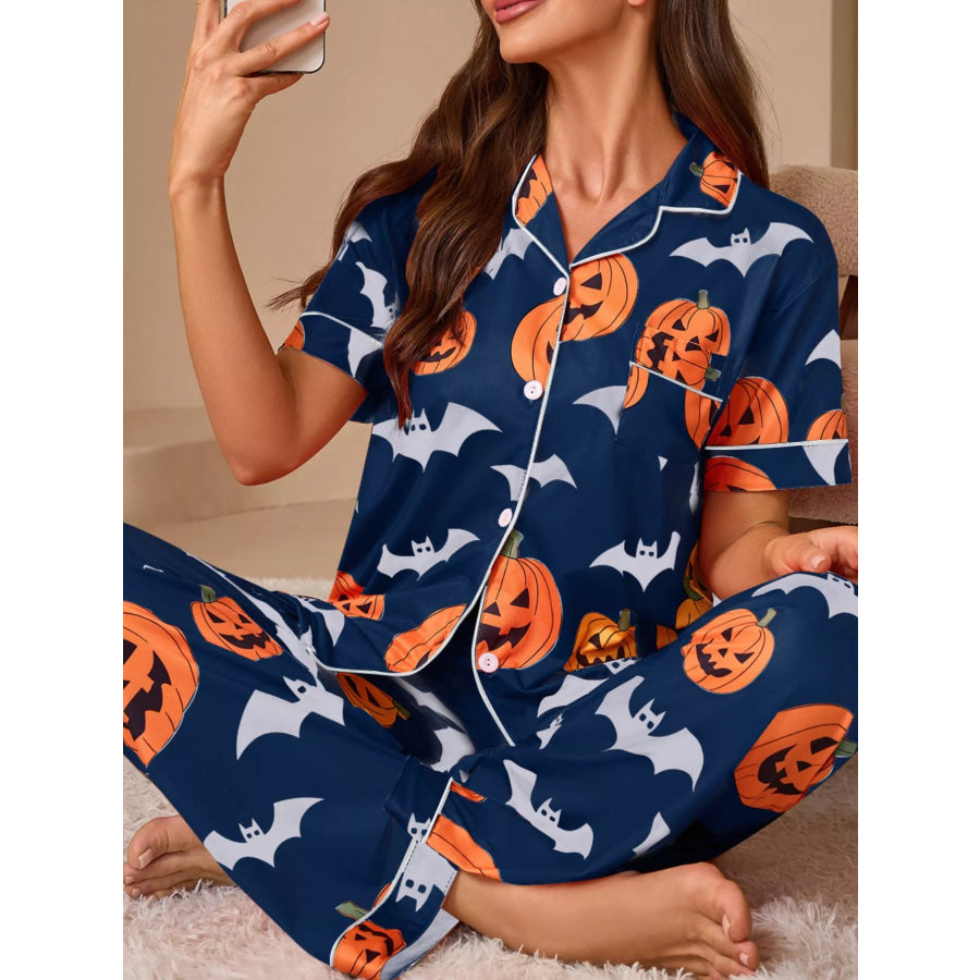 Halloween Pumpkin and Bat Print Button-Down Top and Pants Lounge Set Navy Blue / S Apparel and Accessories